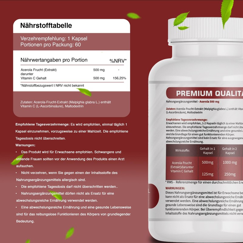 Acerola Extract 500 mg 60 Capsules - Pure Natural Vitamin