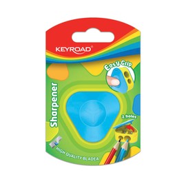 KEYROAD Ergonomic Double Pencil Sharpener Triangular with Container / 1 Piece / Plastic / Steel Blades / Pencils and Coloured Pencils / Blister Pack - Mixed Colours