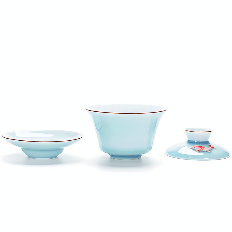 Hormsdar Yixing Handmade Celadon Colorful Koi Fish Gaiwan,Chinese Gongfu Tea