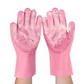 Jedroc Silicone Dishwashing Gloves, Kitchen Gloves for Washing Dishes Reusable Waterproof Household Dishwashing with Cleaning Brush for Dishes Housework Kitchen Pet Grooming Bathroom Cleaning