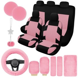 JINGSEN 17 Car Seat Cover Full Set for Women,Universal Car Seat Cover,Plush Steering Wheel Cover,Fluffy Soft Wool Handbrake Gear,Suspension Accessories Full SUV(Patterned Pink
