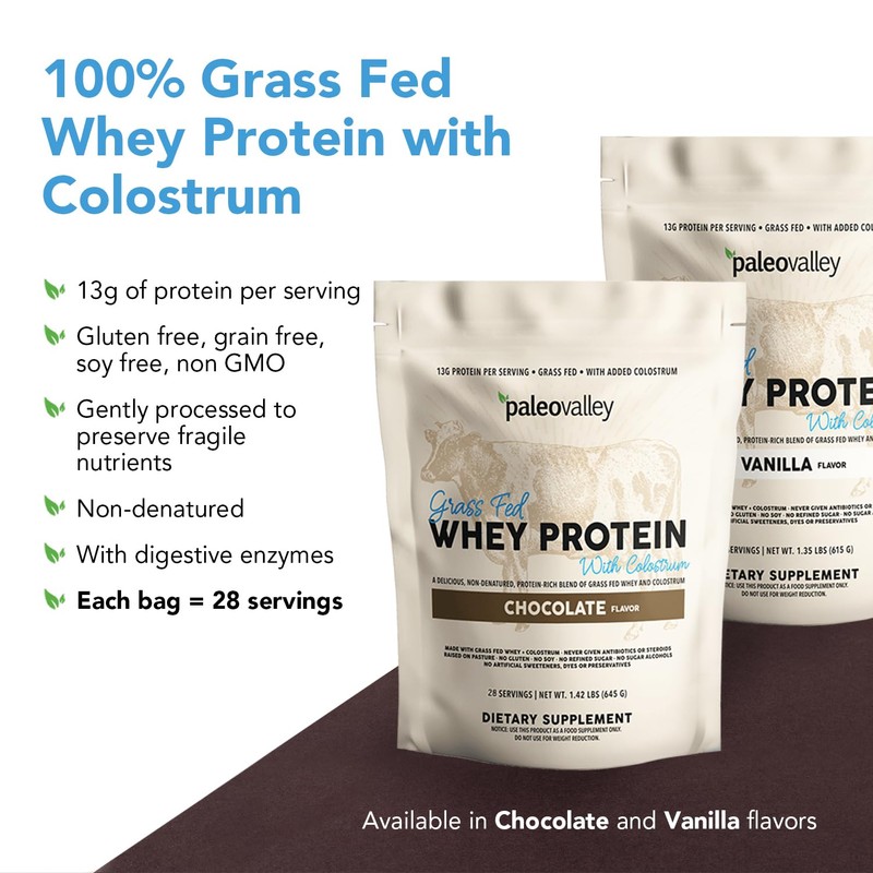 Paleovalley 100% Grassfed Whey Protein Powder with Colostrum, 13g Protein,