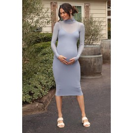 PinkBlush Light Blue Mesh Overlay Fitted Maternity Midi Dress