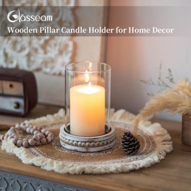 Glasseam Glass Hurricane Candle Holder, Decorative Candle Holders for Pillar Candles, Boho Candle Holders for Table Centerpiece, Glass Cylinder With Wood Beaded Candle Plate for Dining Room Decoration