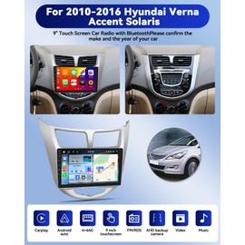 CAMECHO 4G+64G 8 Core Android 15 Car Stereo for 2010-2016 Hyundai Accent Verna Solaris, 9" Touch Screen Car Radio with Carplay Android Auto Bluetooth,32EQ/FM/RDS,GPS,DSP,WiFi, 59 UI + Backup Camera