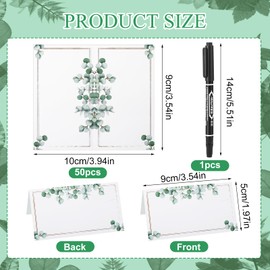 50Pcs Wedding Place Cards, Leaves Table Seating Cards, Paper Tented Wedding Name Cards, Foldable Eucalyptus Table Cards with Black Pen, Greenery Seating Cards for Birthday Dinner Party