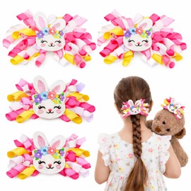 Dingion 4 Pcs Easter Hair Bows Clips for Girls with Embroidered Bunny and Ribbon Curl Hair Accessories Rabbits Alligator Clips Toddler Snap Clip for Kids Women Toddlers Spring Easter Party Supplies
