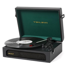 Vinyl Record Player with Built-in Speakers Bass/Treble Gain Vintage Portable Bluetooth Turntable Record Player Black & Green (Litchi Pattern)