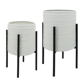 Sagebrook Home Set of 2 Textured Dots Metal Plant Pots with Stands for Indoors or Outdoors, White and Black, 14 L x 14 W x 23 H