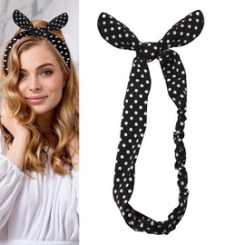 Black Rabbit Ear Bow Headband for Girls Non Slip Bow Hairbands for Kids Toddler Girls Bowknot Turban Headbands White Dot Elastic Headwrap Retro Hair Bands with Bow Christmas Hair Accessories for Women