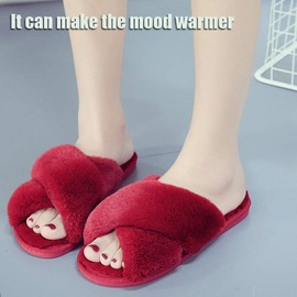 LZLER Women Fuzzy Fluffy Furry Slippers Fur Flip Flop Open Toe Slippers Cross Band Shoes Slides for Ladies House Home Indoor Outdoor(Red,9)