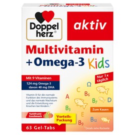 Doppelherz Multivitamin + Omega-3 Kids - 9 Vitamine plus Omega-3-Fettsäuren aus Seefischöl - 63 Gel-Tabs mit Tuttifrutti-Geschmack