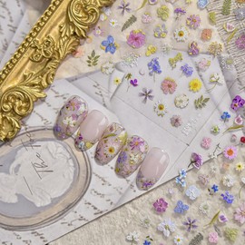 Summer Floral Nail Art Stickers, Colorful Dried Flowers and Leaves Design, 3D Decorative Decals (Dried Petal)