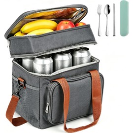 Lonchera Termica de Gran Capacidad de Doble Capa, Bolsa de Almuerzo (Gris)