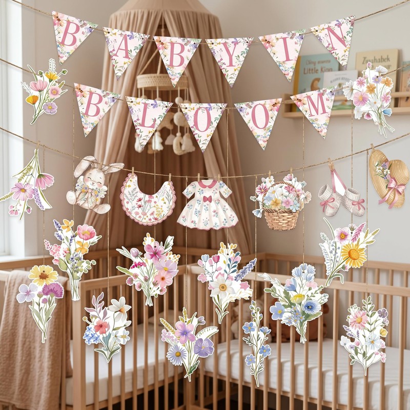 Baby in Bloom Floral Banner Set, Pink Flower Baby Shower