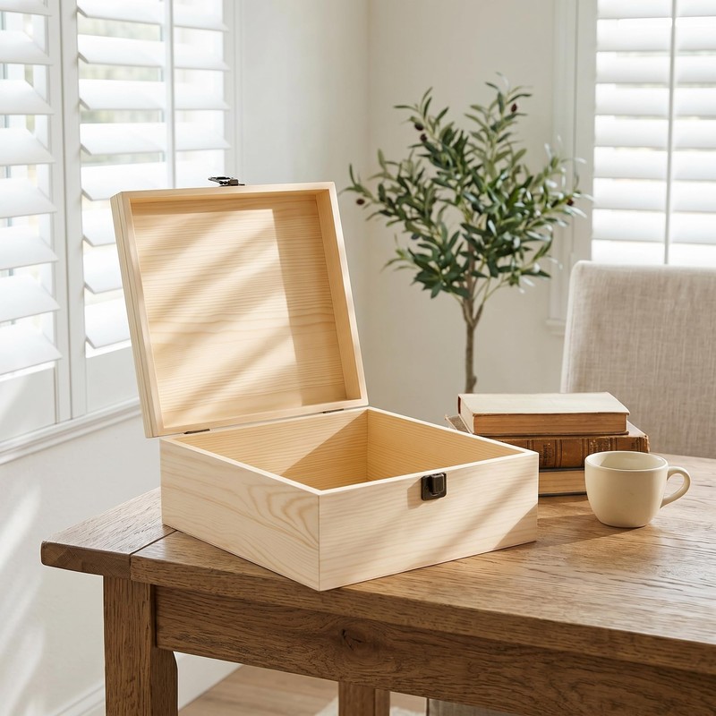 Barsha Space 9x9x4 Unfinished Wooden Box with Hinged Lid for