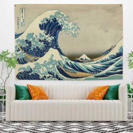 YongFoto 150 x 100 cm Japanese Ukiyo-E Tapestry Large Wave Wall Hanging Kanagawa Boat Tapestry for Porch Wall Hangings Decor Living Room Dorm Duvet Wall Art