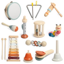 OIDIRE Baby Musical Instruments, Montessori Wooden Toys for Toddlers 1-3 Year Old, 12 in 1 Neutral Colors Percussion Instruments Set with Xylophone for Kids Preschool Educational Music Toys