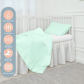 Pizuna 100% Cotton Crib Duvet Cover Mint Green, 400 Thread Count Long Staple Cotton Duvet Cover 100x135 cm, Soft Sateen Weave Toddler Bedding Set Include 1 Duvet Cover And 1 Baby Pillow Case