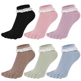 Bencailor 6 Pairs Women Toe Socks Pastel Cotton Toe Socks Lace Ankle Socks with Toe Separators for Women running Athletic