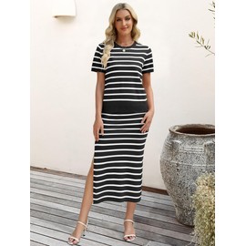 ANRABESS Womens 2 Piece Outfits Striped Sweater Skirt Sets 2025 Summer Casual Short Sleeve Pullover Tops Travel Midi Dress Black White Medium