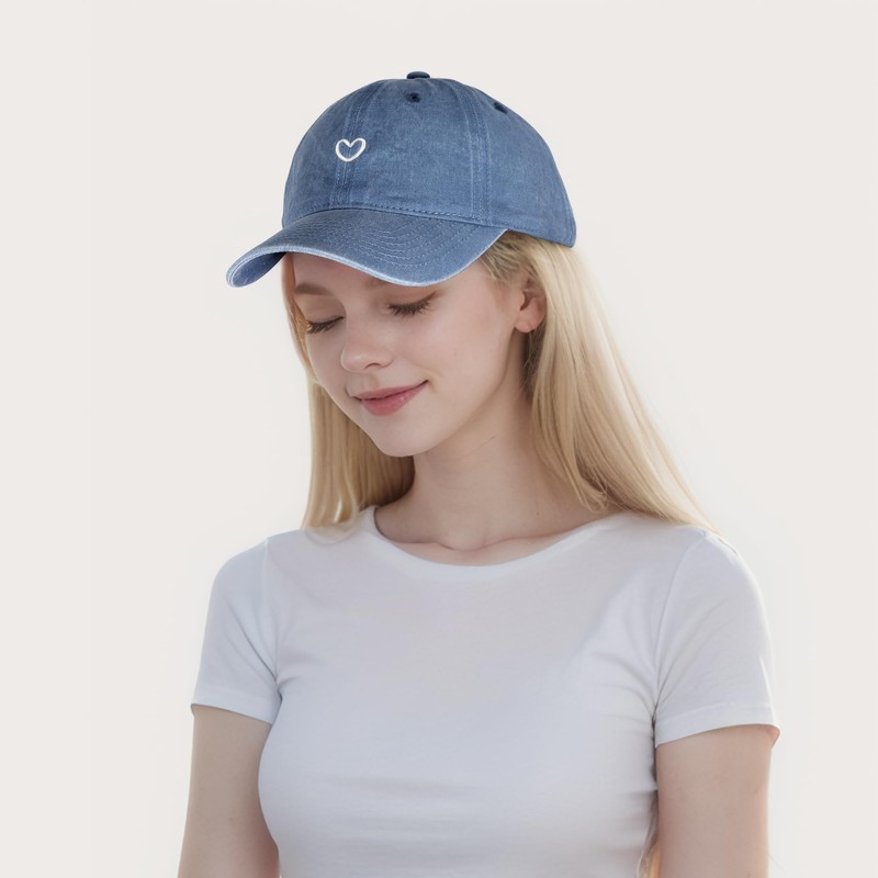 Womens Baseball Cap Vintage Washed Cotton Love Heart Embroidered Adjustable