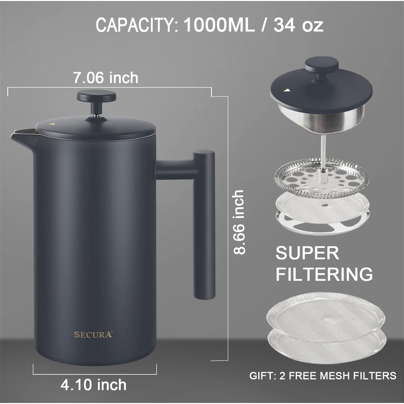 Secura French Press Coffee Maker, 304 Grade Stainless Steel Insulated