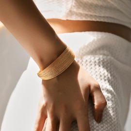 Jewlure Women's Cuff Bracelet, Surface 18K Gold-Plated Treatment, Multi-Layer Temperament Wide-Rimmed Bracelet, Suitable For Gifts For Women