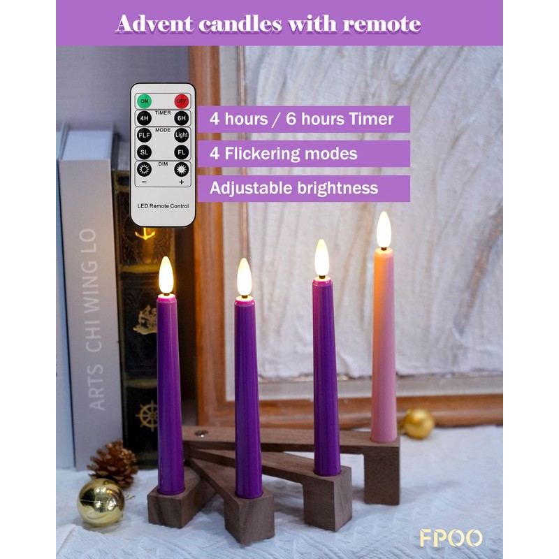 FPOO Flameless Advent Candles with Wooden Candle Holder, Advent Candles