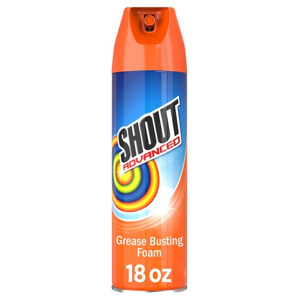 Shout Advanced Grease Busting Foam, Laundry Stain Remover for Oil and Grease Stains; Works on motor oil, bike grease, cooking oil, and more! 18oz Can