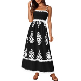 PRETTYGARDEN Summer Dress for Women 2025 Floral Sundress Spaghetti Strap Flowy Beach Vacation Boho Maxi Dresses (Black White Floral,Large)