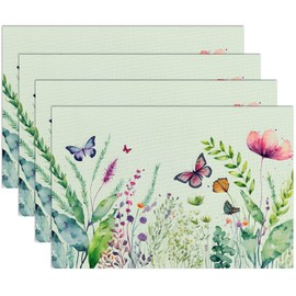 Vinyl Butterfly Floral Green Placemats - Set of 4, Heat Resistant, 11.7 x 17.5 Inch, Washable Indoor Mats
