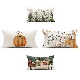 Auomily Fall & Christmas Throw Pillow Covers Set of 2, Double-Sided Lumbar Farmhouse Decor with Pumpkin, Christmas Trees, Winter Houses & Holiday Forest Patterns, 12x20 Inch