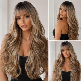 Barbique Long Wavy Wig with Bangs for Women, Heat Resistant Synthetic Hair, Ombre Highlight Blonde Curly Wig for Daily Party Cosplay Use