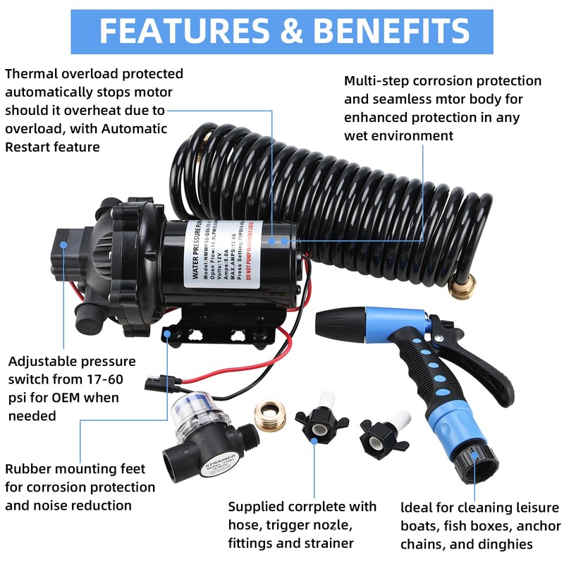 NovelBee 70 PSI Washdown Deck Wash Pump Kit,12V 5.0 GPM