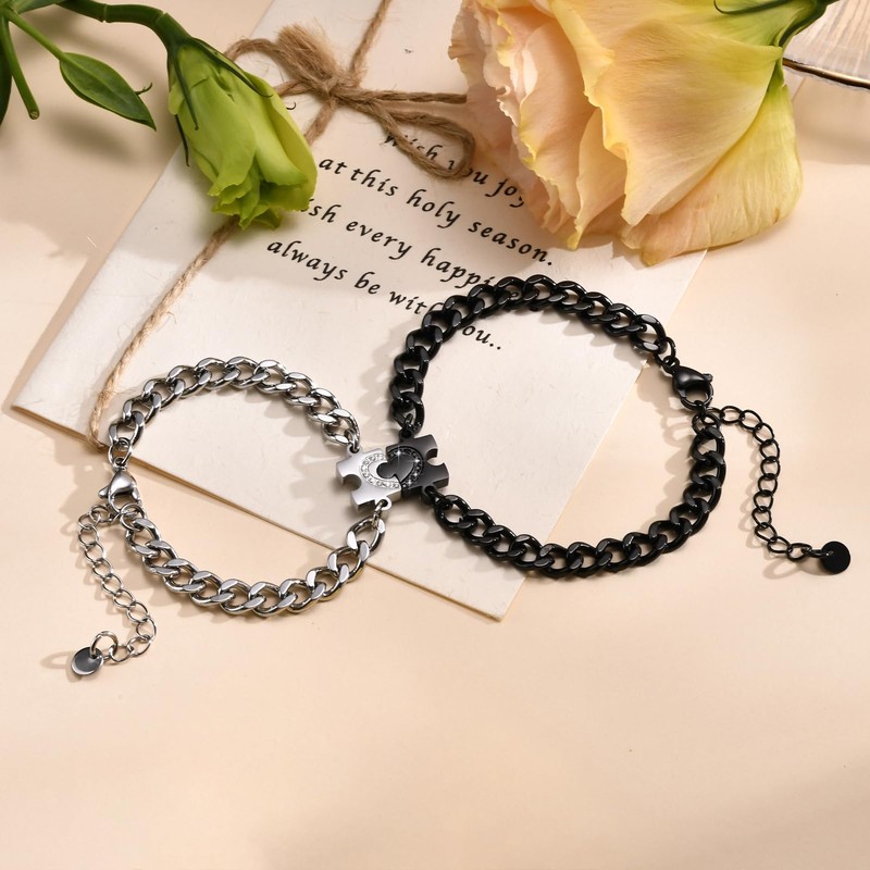 Matching Bracelets for Couples: Puzzle Stainless Steel Link Chain Bracelets