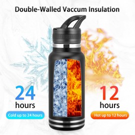 Insulated Water Bottle With Straw,32 oz Vacuum Insulated Stainless Steel Sports Water Flask with 2 Lids & 2 Straws,Keeps Cold and Hot,Metal Water Bottle Wide Mouth for Gym Travel Camping(Black)