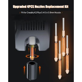 ULXIOM 4PCS Nozzles Replacement Fit for Creality K2 Plus Combo Creality Hi Combo 3D Printer, 0.4 0.6 0.8mm Nozzles, High Flow, Titanium Alloy, Copper Alloy, Hardened Steel