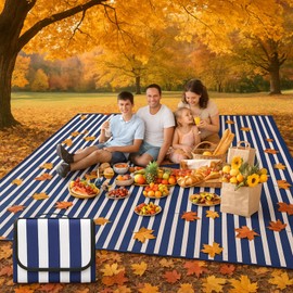 Hillsuren 80" x 100" Extra Large Picnic Blankets Beach Mat Sandproof Waterproof Foldable Oxford Bluestrip Blanket Beach Mat Fall Picnic Stuff for Family Camping Hiking Party Park Travel Grass