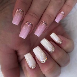 Press On Nails Medium Square OFDNE White & Pink Fake Nails With Glitter Designs False Nails Glossy Glue On Nails Acrylic Nails Stick On Nails For Women Girls 24 Pcs