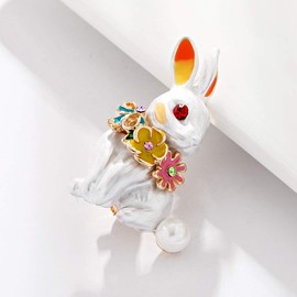 Dreuyet Rhinestone Rabbit Brooch Pin for Women Lady Crystal Bunny Animal Brooches Dainty Cute Rabbit Carrot Lapel Pins Easter Day Party Pin Fashion Gentleman Accessory Jewelry (Flower Bunny Y)