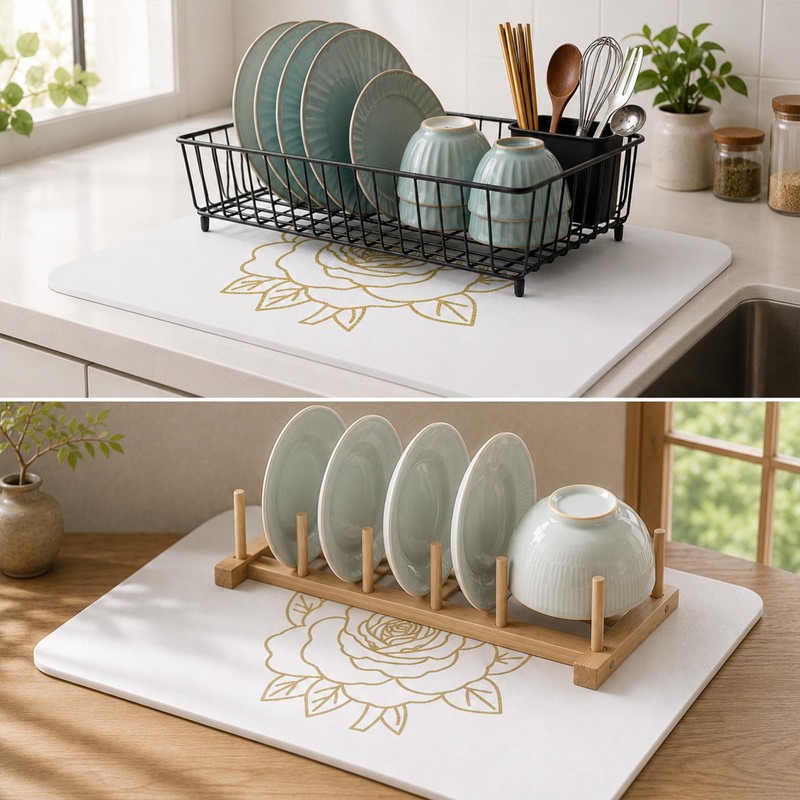 Stone Dish Drying Mat for Kitchen Counter, Glittery Resin Rose
