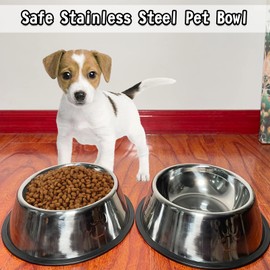 Fhiny 4Pcs Stainless Steel Dog Cat Bowl with Rubber Base Pet Food and Water Feeder Bowls Stackable Non-Slip Dish Plate for Small Medium Animals Puppy Kitten Rabbit