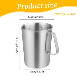 Stainless Steel Measuring Cup with Handle and Pour Lip, 2000ml 70OZ Metal Pitcher with Oz And ML Marking, Heavy-Duty Milk Frothing Jug for Coffee Latte Art, Commercial and Home Kitchen