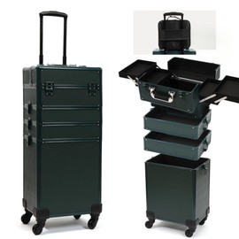 CHUANGJIN Particle Rolling Makeup Train Case Professional Cosmetic Trolley Large Storage Organizer with Key Swivel Wheels Salon Barber Case - New Green (Extra Portable Cosmetic Bag, Green)