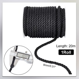 PH PandaHall 8 mm 21.9 Yards Decorative Twisted Cord 3-Layer Braided Cord with Spool Black Decorative Twisted Satin for Curtain Hooks Home Decor Embellishing Clothing and Jewellery