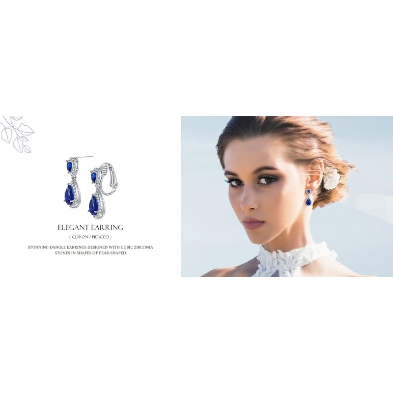 Royal Blue Teardrop CZ Clip On Dangle Pear Shape Drop