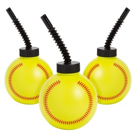 Fun Express 8 Pieces Softball Cups with Lids & Straws, Holds 14 oz, BPA Free Plastic, Birthday Party Supplies, Yellow