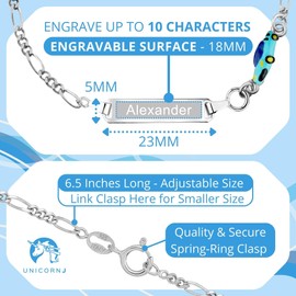UNICORNJ Sterling Silver 925 Engravable ID Bracelet Figaro Chain for Girls Boys Convertible Car with Blue Enamel 6.5"
