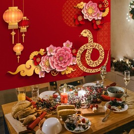 AOFOTO 7x5ft Happy Chinese New Year Banner Backdrop China Spring Festival Lunar New Year Decorations Paper Cut Flowers CNY Lanterns Year of The Snake Party Background Snake Year Photo Studio Props